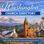 Washington Church Directory banner featuring Mount Rainier, Seattle skyline, and three church buildings representing churches across Washington State.