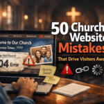 Laptop displaying church website errors and missing information with a blurred church interior in the background, representing common church website mistakes.