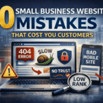 Infographic showing 10 small business website mistakes including slow loading, poor mobile design, low SEO ranking, and lack of trust signals