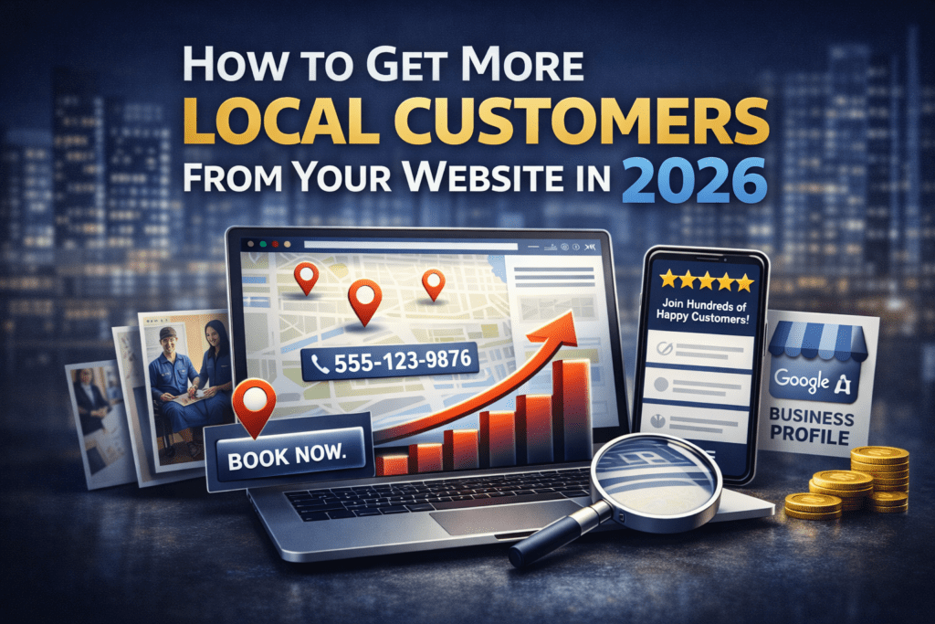 Digital illustration showing a business website generating local customers with map pins, mobile reviews, and SEO growth indicators