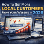 Digital illustration showing a business website generating local customers with map pins, mobile reviews, and SEO growth indicators