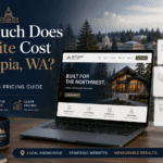 Forbes-style article image showing a laptop with website design pricing cards, Olympia Washington scenery, and the headline “How Much Does a Website Cost in Olympia, WA?”
