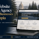 Forbes-style article image showing a laptop with a small business website design, Olympia Washington background, and the headline “Best Website Design Agency for Small Businesses in Olympia.”